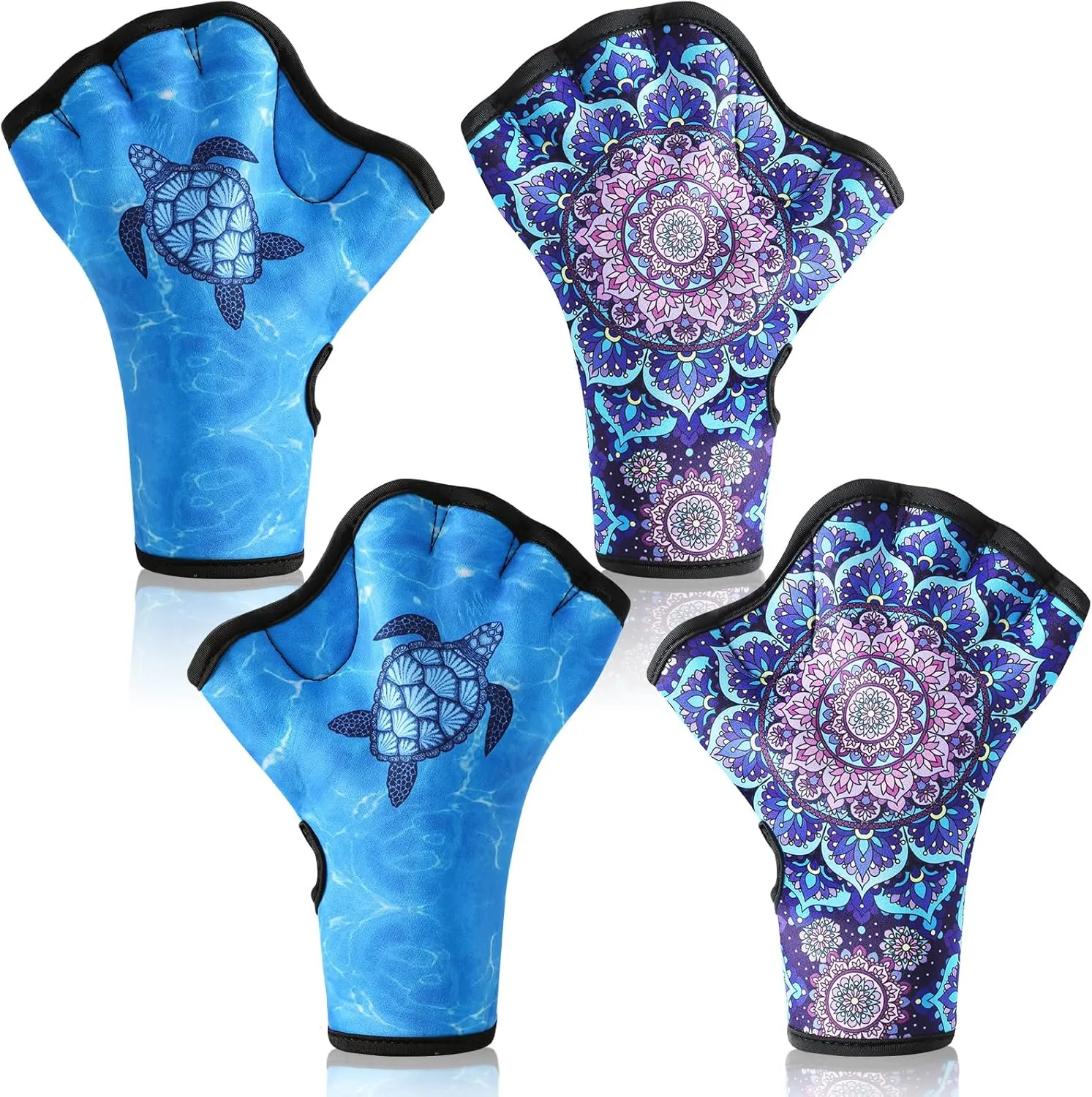 2 Pairs Swimming Gloves Aquatic Swim Training Gloves Webbed Fitness Swim Paddles for Lap Swimming Turtle Mandala Water Resistance Swimming Aquatic Gloves for Women Men Diving