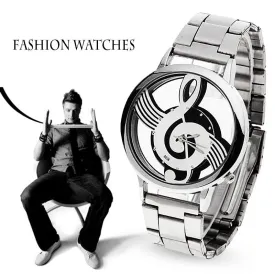 2019 New Luxury Brand Fashion and Casual Music Note Notation Watch Stainless Steel Wristwatch for Men and Women Silver Watches