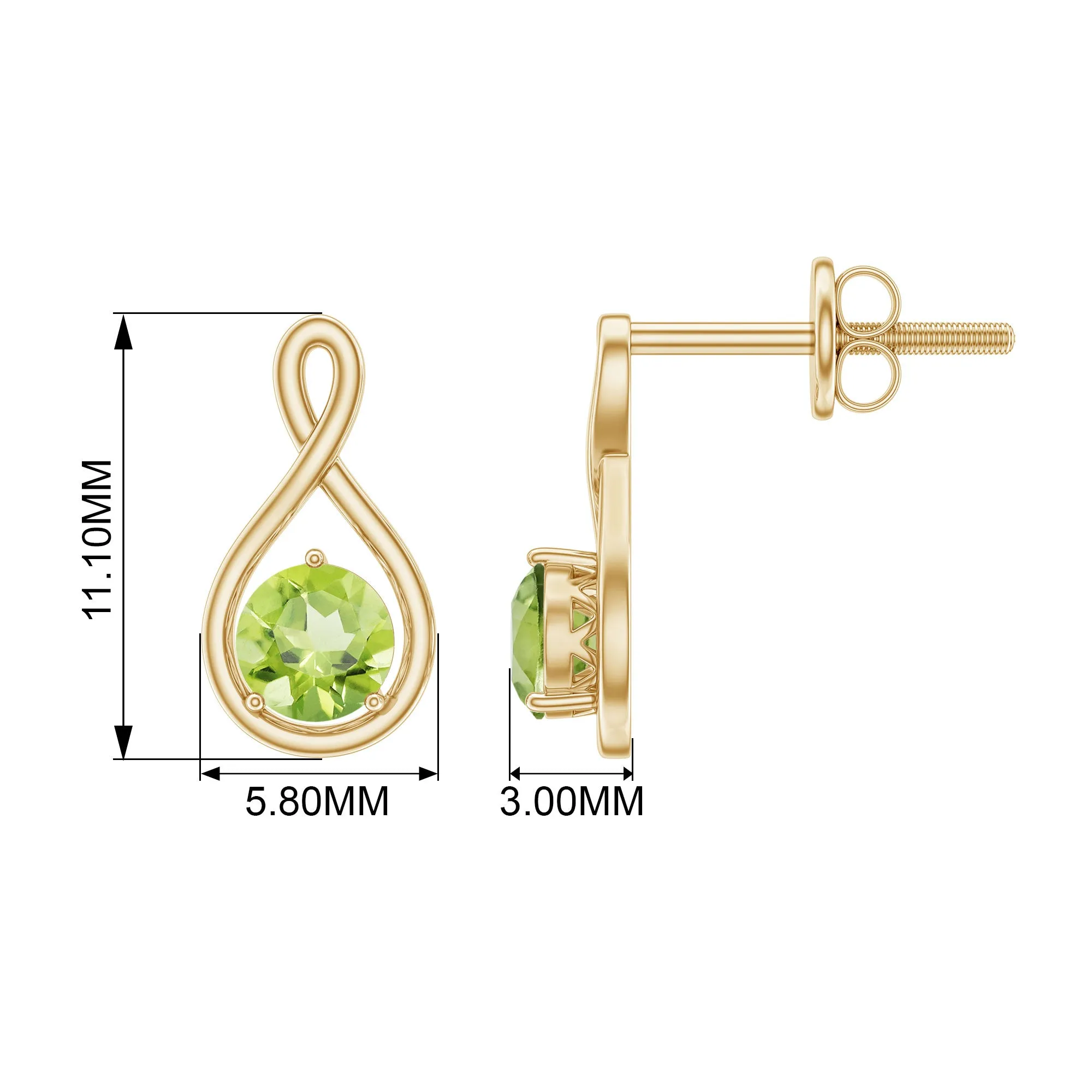 4 MM Peridot Solitaire Gold Infinity Stud Earring