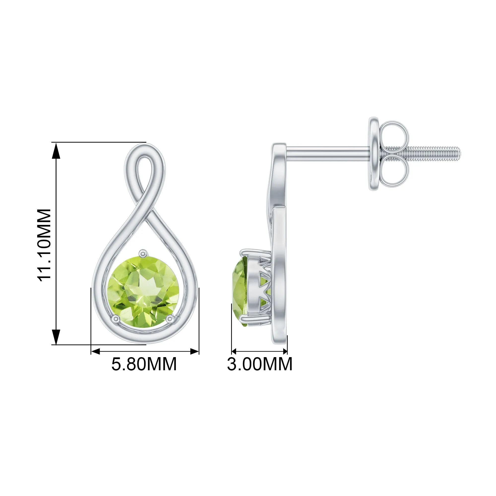 4 MM Peridot Solitaire Gold Infinity Stud Earring