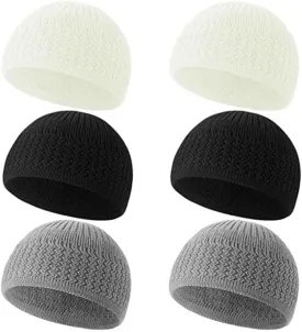 6 Pcs Knit Kufi Hats for Men Women Muslim Stretchy Skull Caps Cotton Helmet Liner Breathable Crochet Beanie Hat