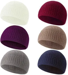 6 Pcs Knit Kufi Hats for Men Women Muslim Stretchy Skull Caps Cotton Helmet Liner Breathable Crochet Beanie Hat