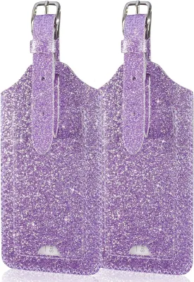 ACdream Luggage Tags 2 Pack, Leather Suitcase Tags Identifiers, Cute Cruise ID Labels with Privacy Cover fits on Backpack, Travel Bag, for Women, Men, Adults, Kids, Glitter Purple