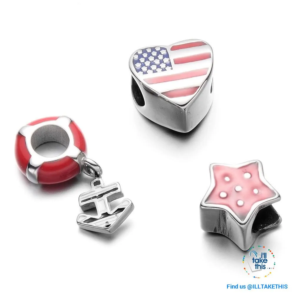 Americana Braided Leather Charm bracelet features an enamel Love Heart American flag