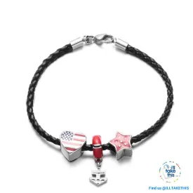 Americana Braided Leather Charm bracelet features an enamel Love Heart American flag