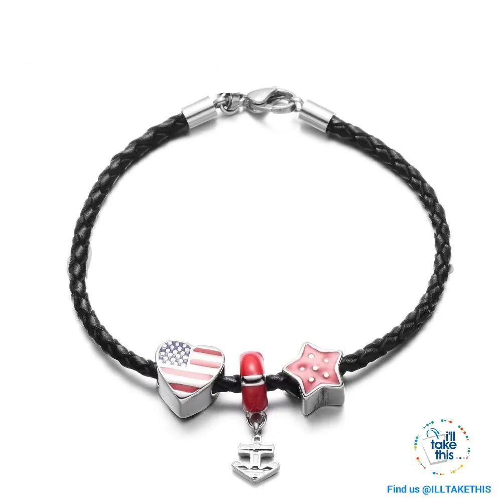 Americana Braided Leather Charm bracelet features an enamel Love Heart American flag
