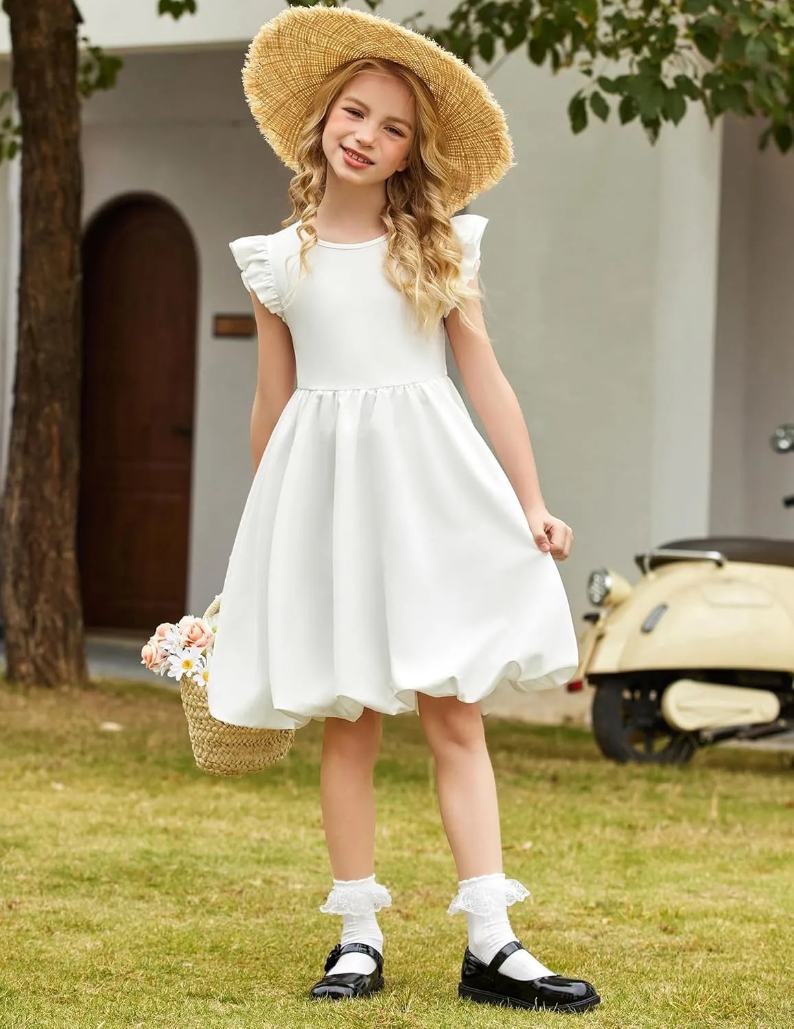 Arshiner Tween Girls Summer Bubble Dress Ruffle Sleeve Casual Party Midi Dresses