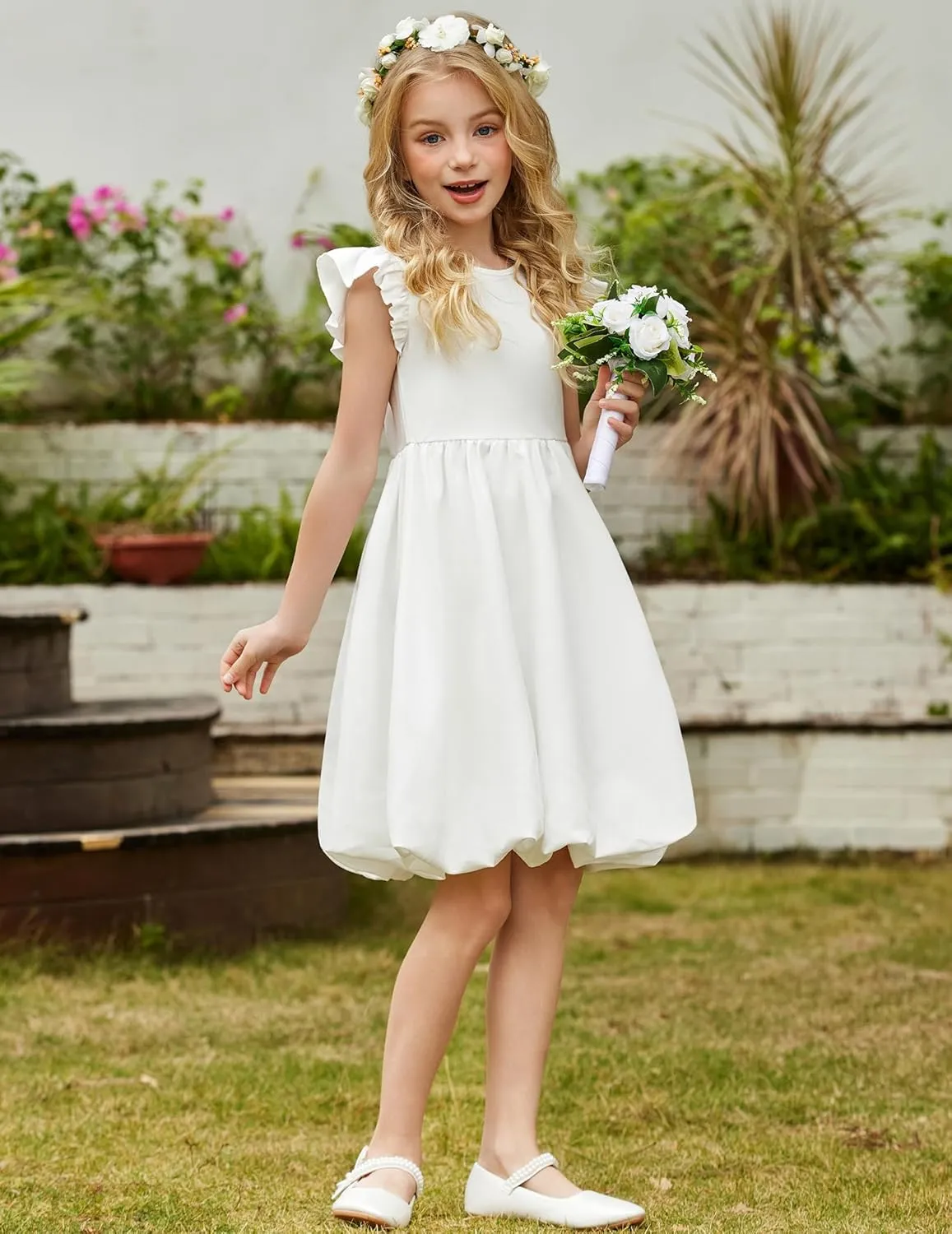 Arshiner Tween Girls Summer Bubble Dress Ruffle Sleeve Casual Party Midi Dresses