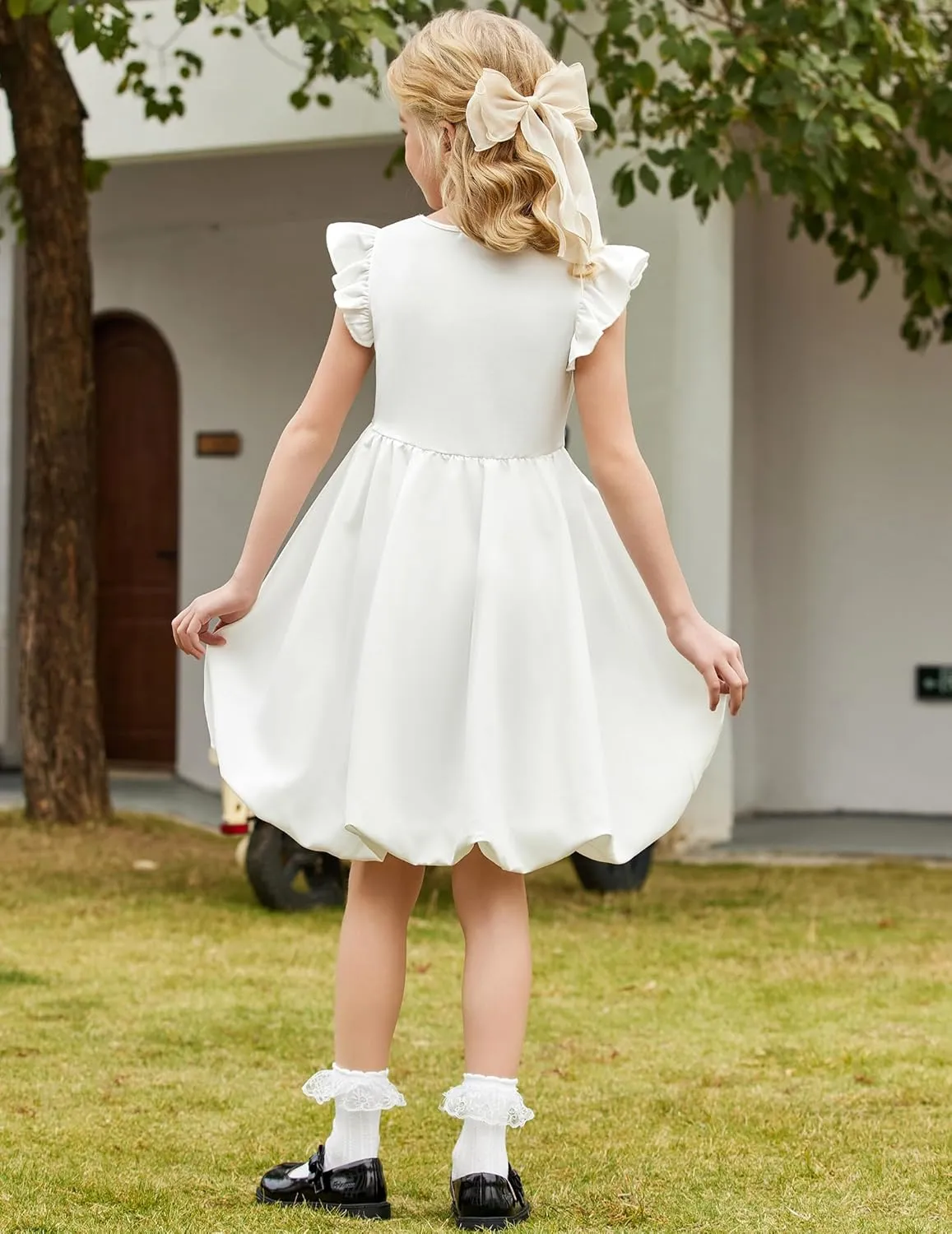 Arshiner Tween Girls Summer Bubble Dress Ruffle Sleeve Casual Party Midi Dresses