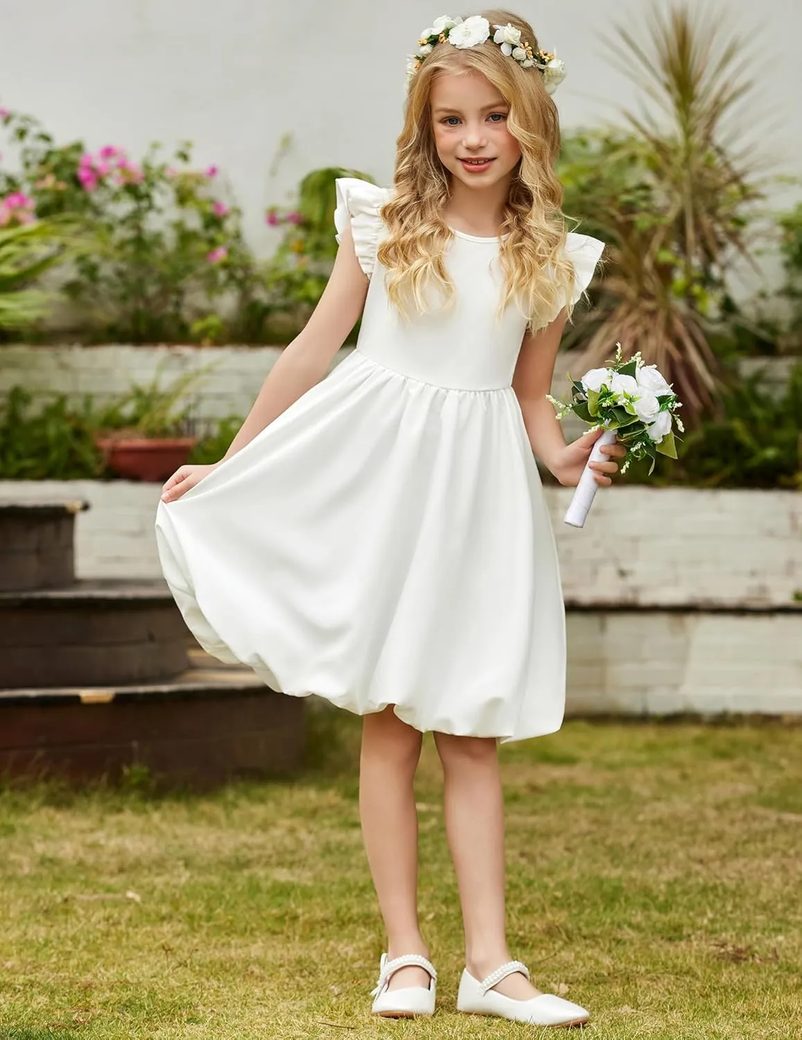 Arshiner Tween Girls Summer Bubble Dress Ruffle Sleeve Casual Party Midi Dresses