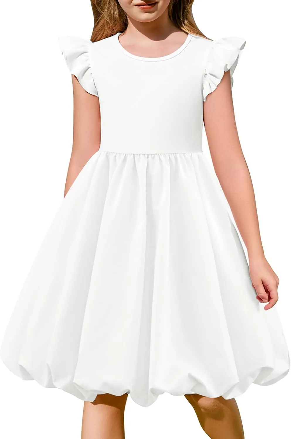 Arshiner Tween Girls Summer Bubble Dress Ruffle Sleeve Casual Party Midi Dresses