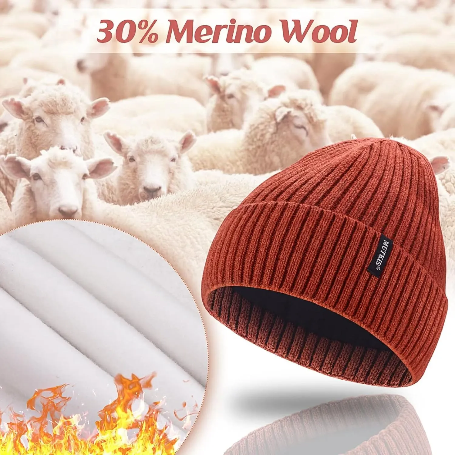 Beanie Hats for Men 30% Merino Wool Knit Hat, Winter Hats for Women Thick Warm Lined, Beanie for Women Cold Weather Skull Cap
