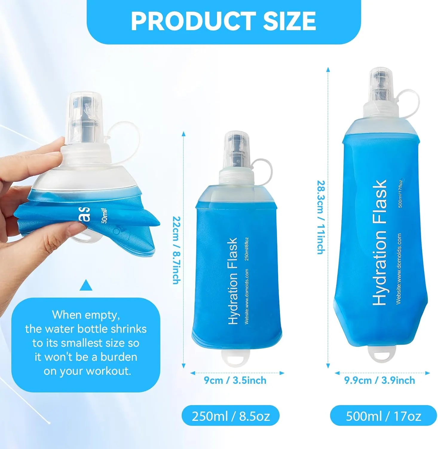 Buite 250ML Soft Flask, Portable TPU Soft Flask Running Bottles for Running Vest, Hydration Pack - Ideal for Hiking Cycling Climbing(Blue