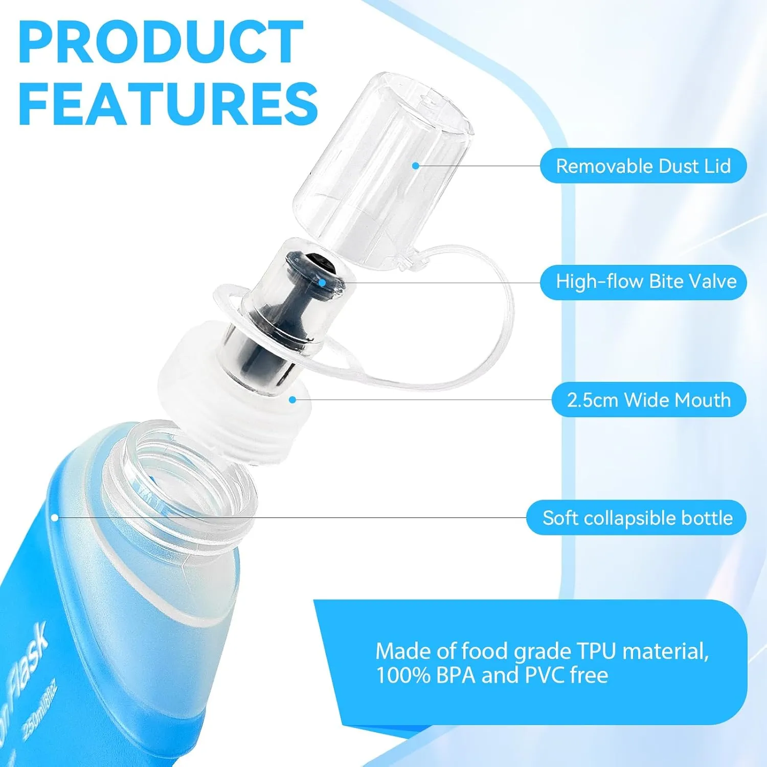 Buite 250ML Soft Flask, Portable TPU Soft Flask Running Bottles for Running Vest, Hydration Pack - Ideal for Hiking Cycling Climbing(Blue