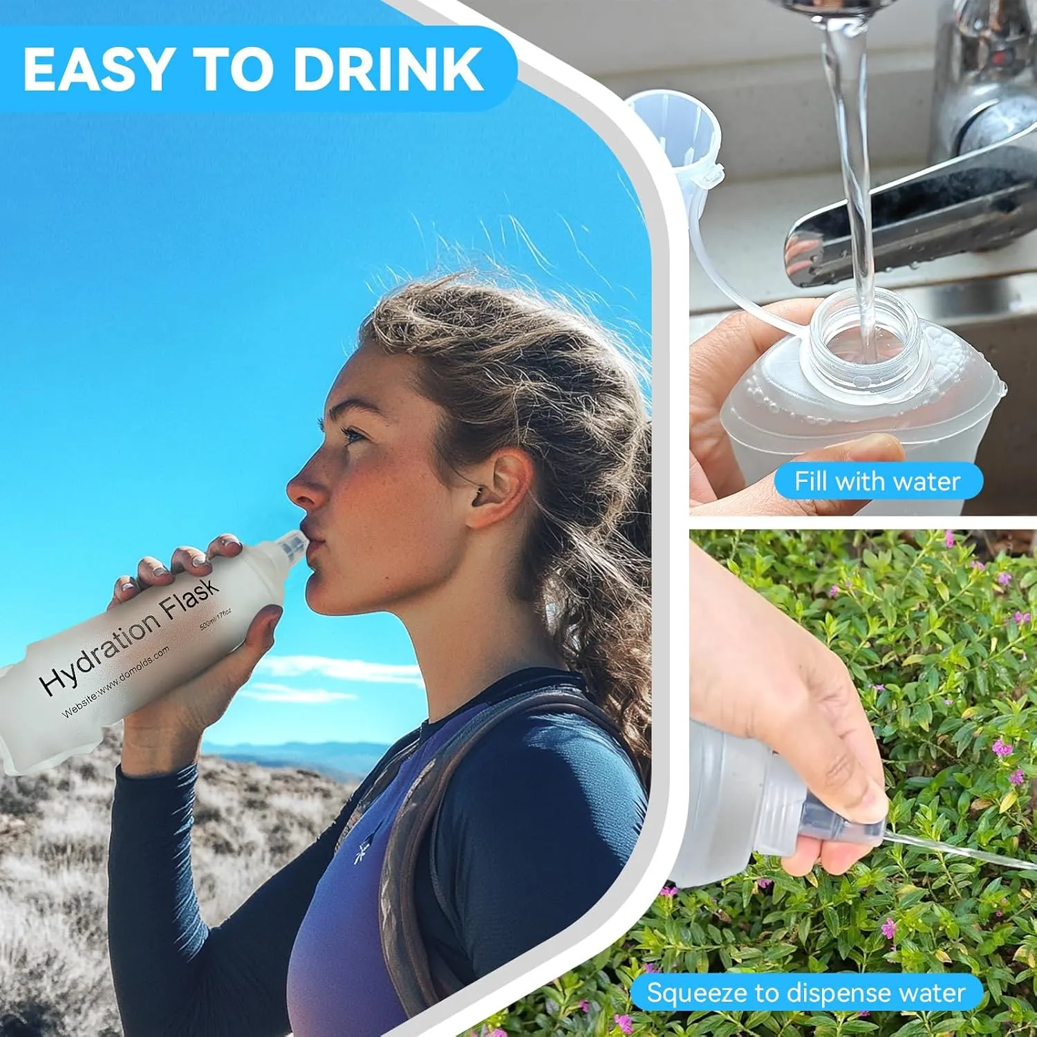 Buite 500ML Soft Flask, Portable TPU Soft Flask Running Bottles for Running Vest, Hydration Pack - Ideal for Hiking Cycling Climbing(Blue