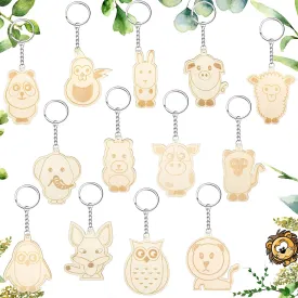 Cliths 13 Pieces Animal Wooden Keychain Blanks Unfinished Wooden Slices Cutouts Ornaments Keychains