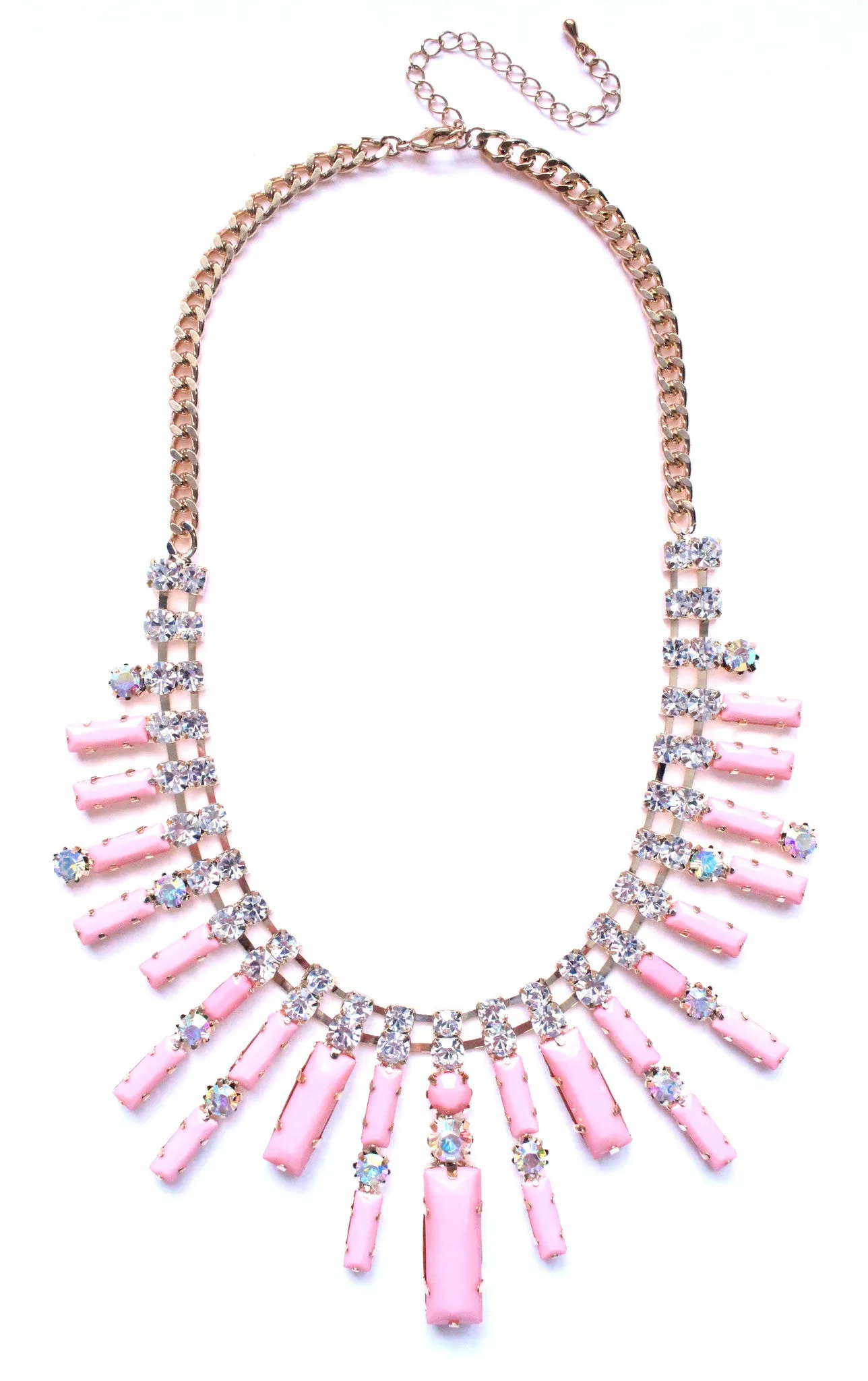 Crystal Spike Bib Statement Necklace- Light Pink