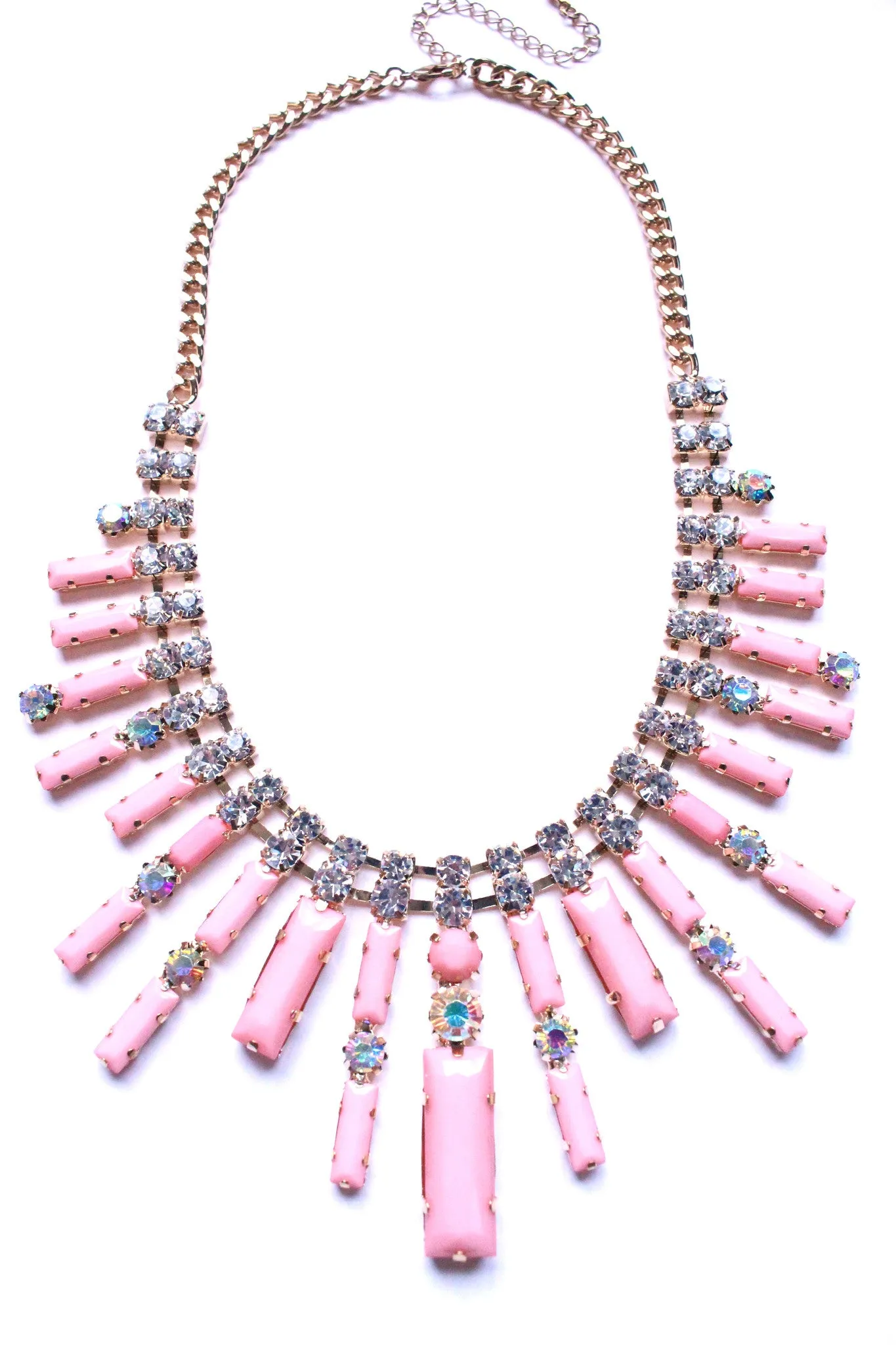 Crystal Spike Bib Statement Necklace- Light Pink