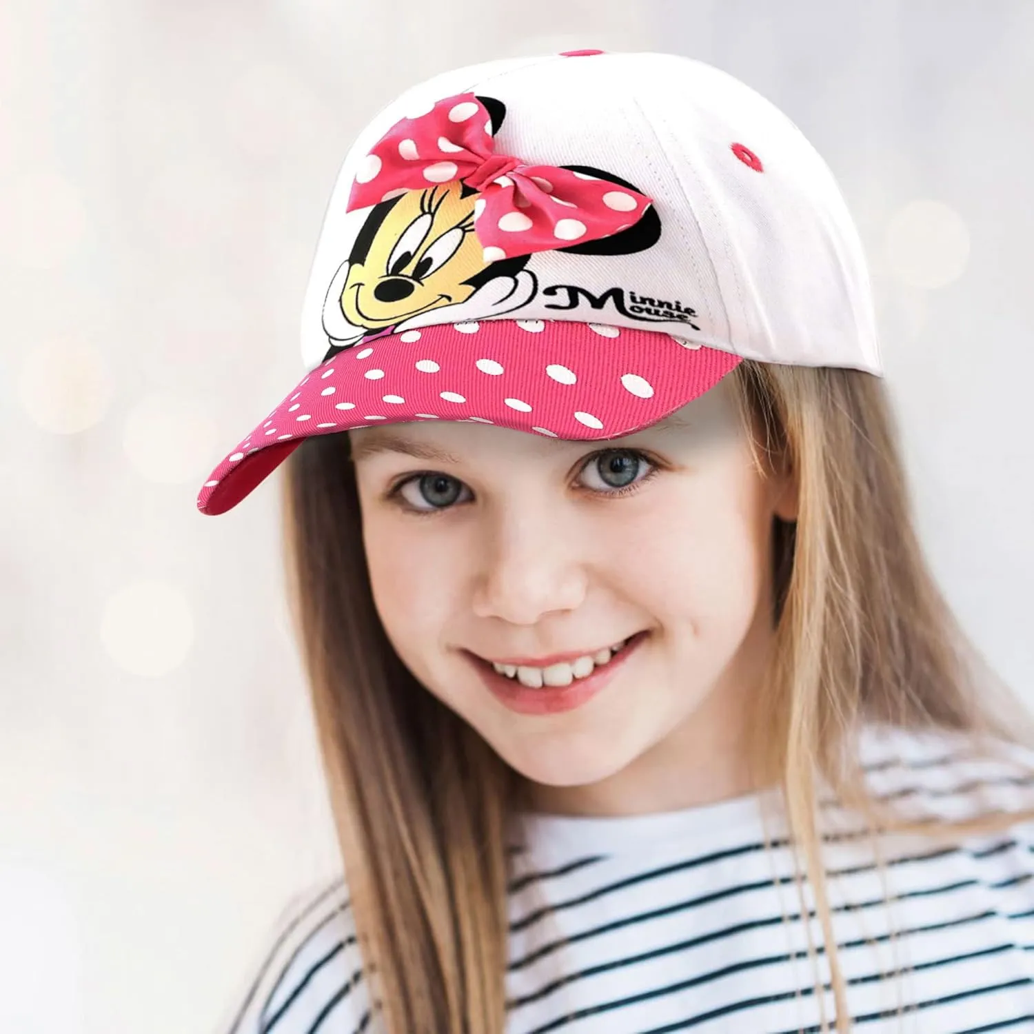 Disney Girls' Minnie Mouse Baseball Cap - 3D Bow Curved Brim Strap Back Hat (4-7)