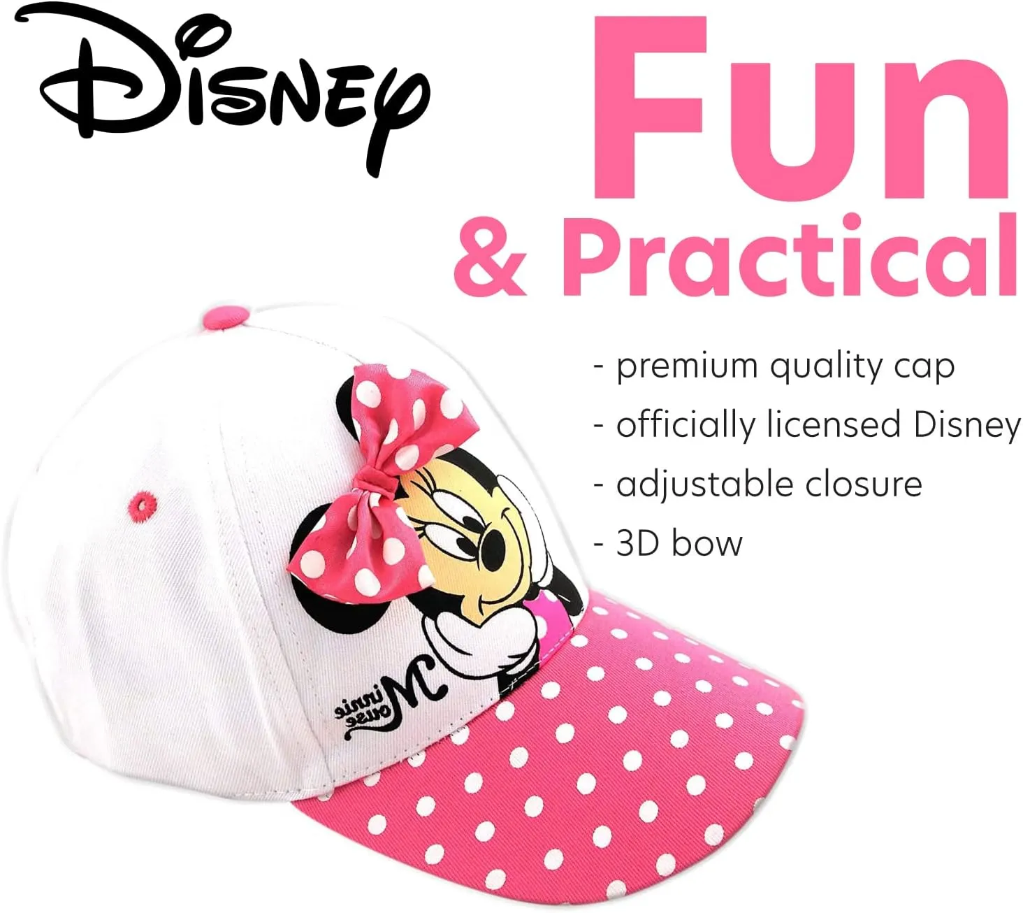 Disney Girls' Minnie Mouse Baseball Cap - 3D Bow Curved Brim Strap Back Hat (4-7)
