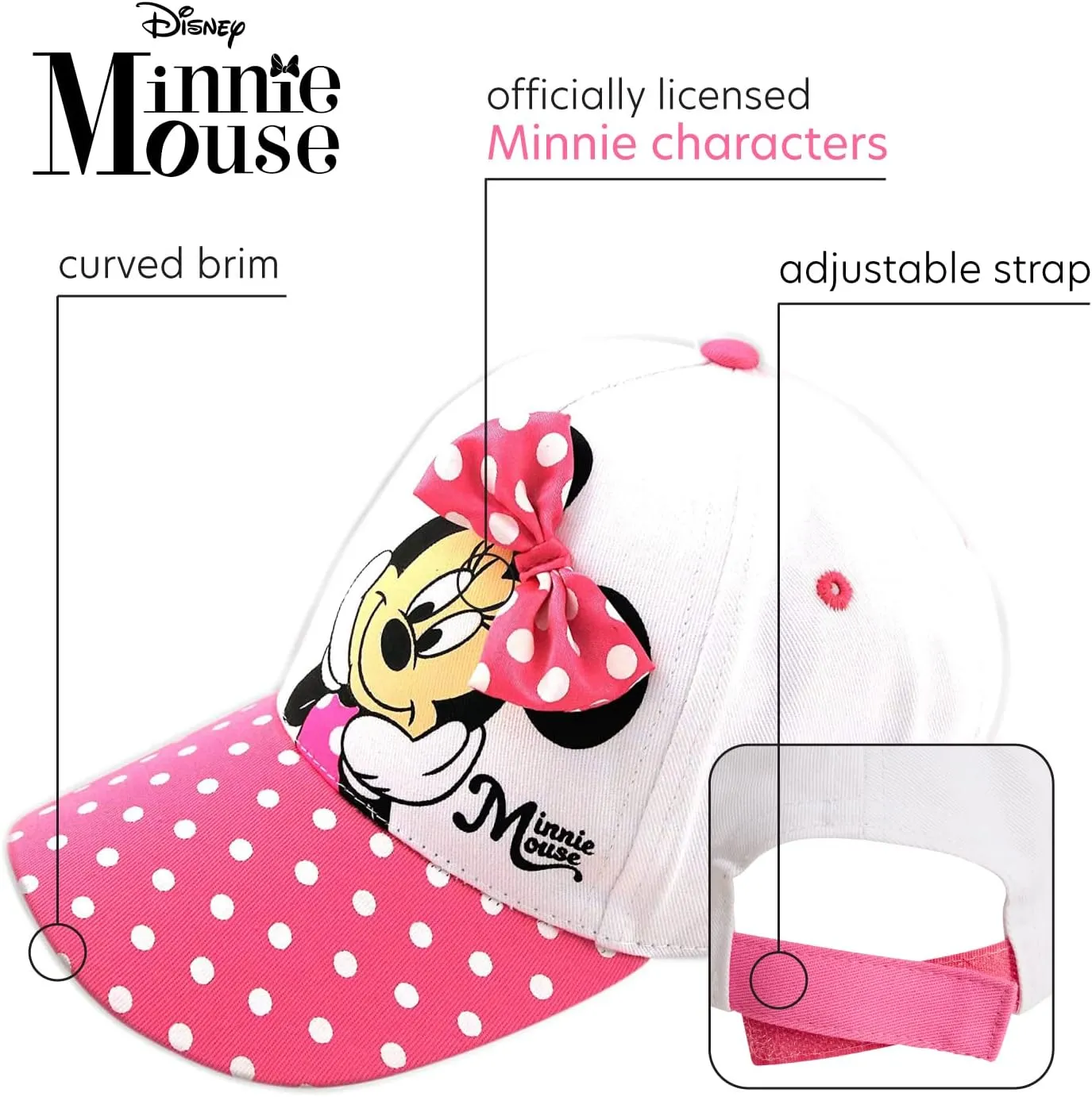 Disney Girls' Minnie Mouse Baseball Cap - 3D Bow Curved Brim Strap Back Hat (4-7)
