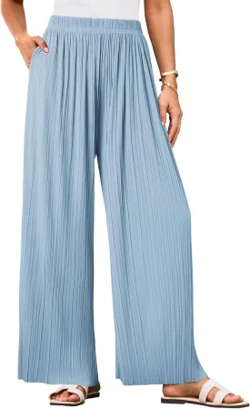 GRACE KARIN Women Wide Leg Pants Pleated Work Dress Pants Elastic Waisted Pull on Business Casual Trousers with Pockets