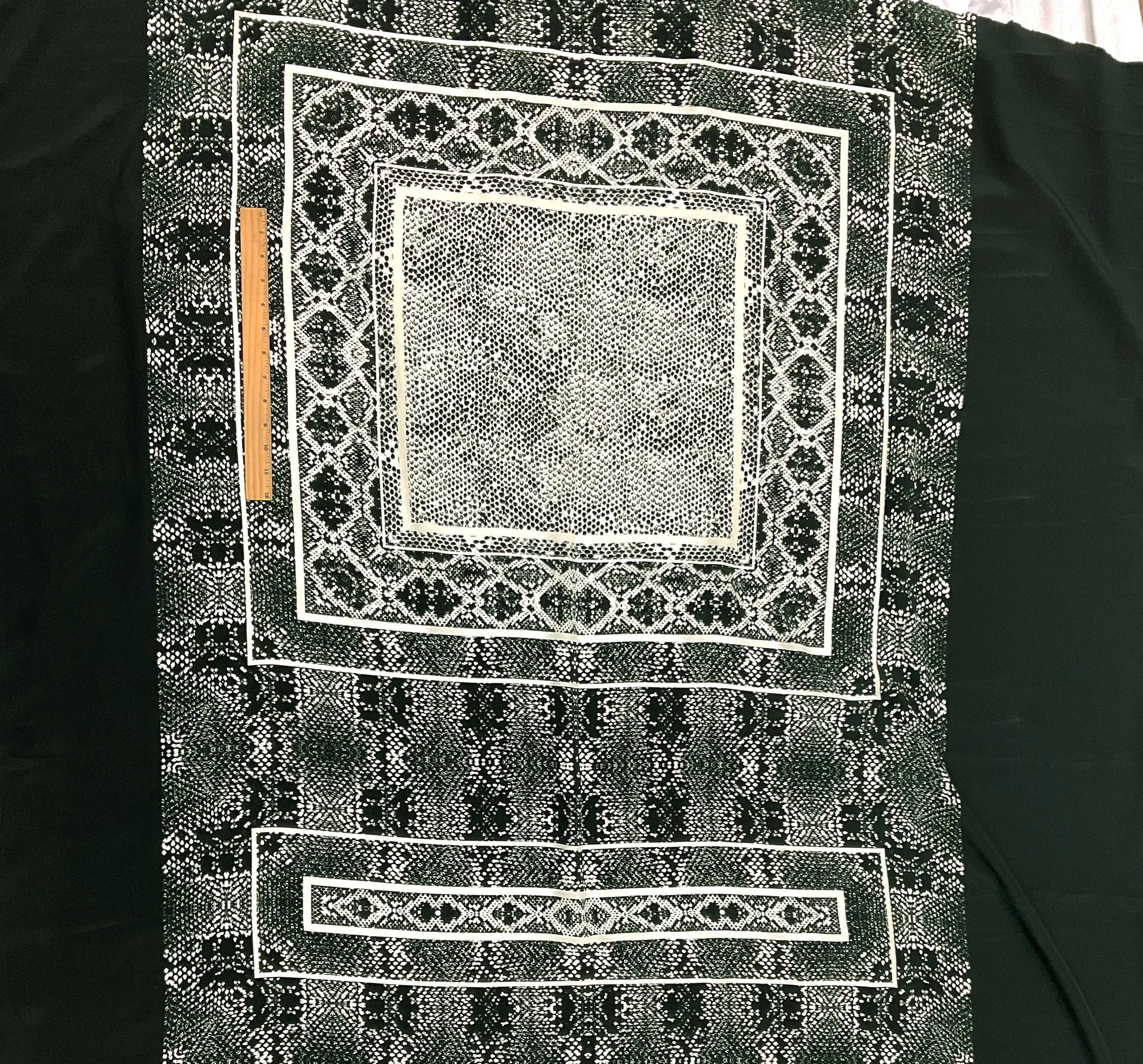 Green-Black-Ivory Border Frame Panel Printed Silk Crepe De Chine Fabric