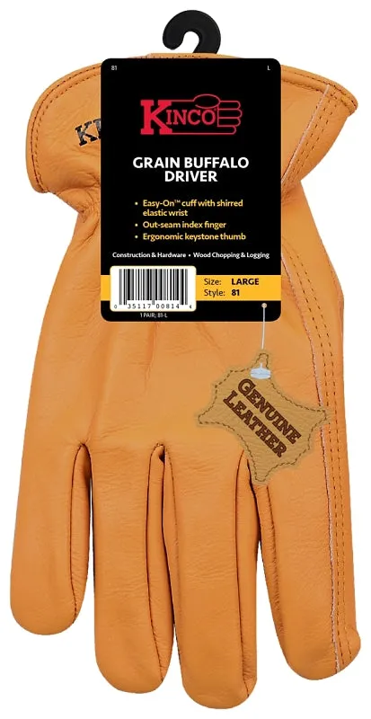 Kinco 81-L Driver Gloves, Men's, L, Keystone Thumb, Easy-On Cuff, Grain Buffalo Leather, Gold :PR: QUANTITY: 1