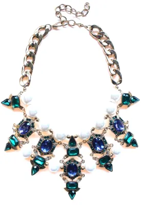 Luxe Chunky Pearl & Deco Jeweled Statement Necklace- Emerald & Sapphire