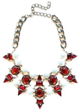 Luxe Chunky Pearl & Deco Jeweled Statement Necklace- Red
