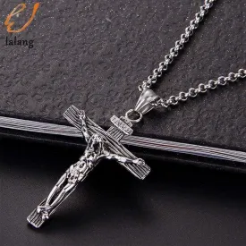 Men Chain Christian Jewelry Gifts Vintage  Cross INRI Crucifix Jesus Piece Pendant & Necklace Gold Color Stainless Steel