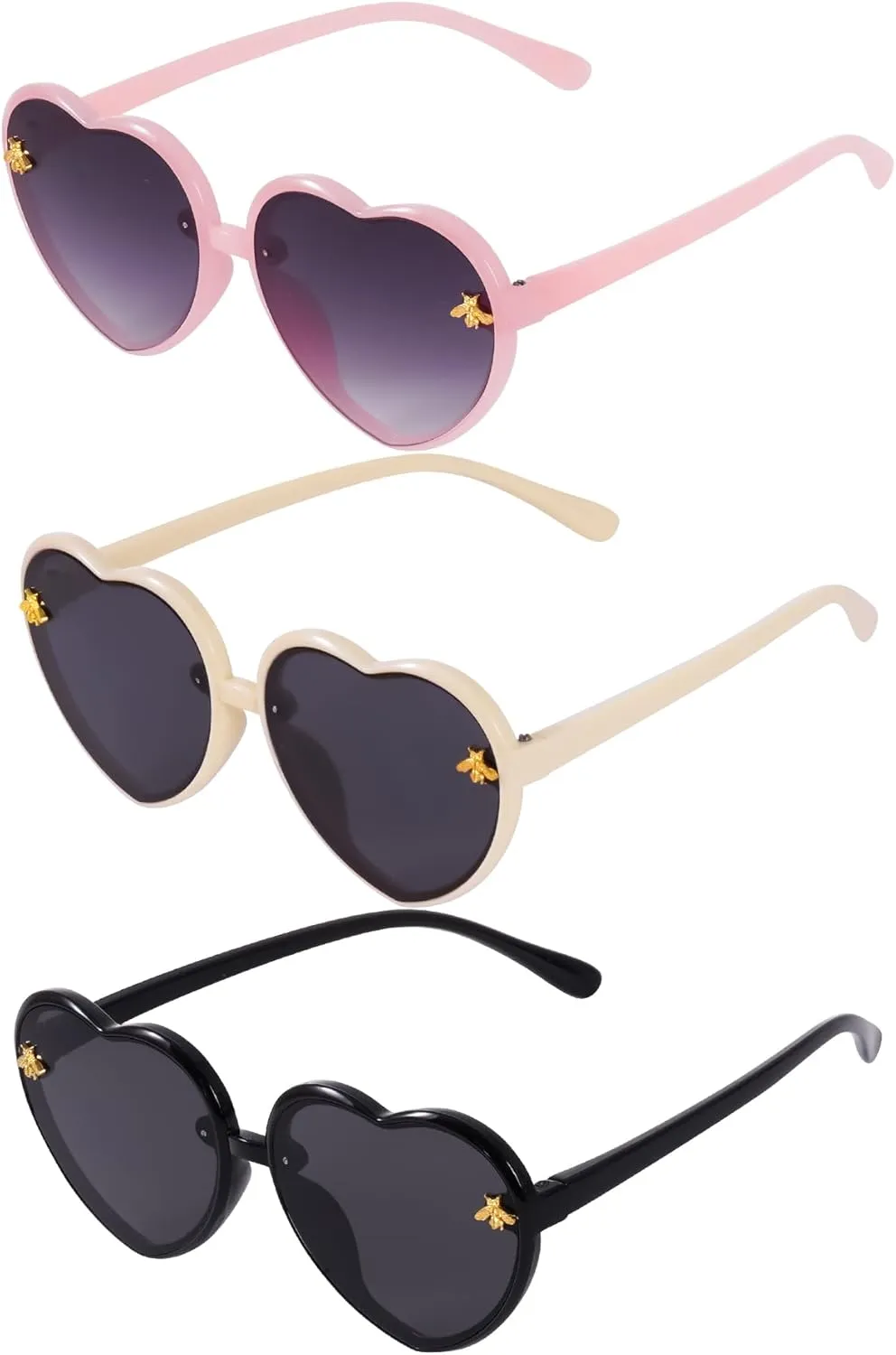 obmwang 3 Pieces Kids Heart Shaped Sunglasses Stylish Cute Bee Sunglasses for Toddler Girls Age 3-10 Outdoor Beach Eyewear