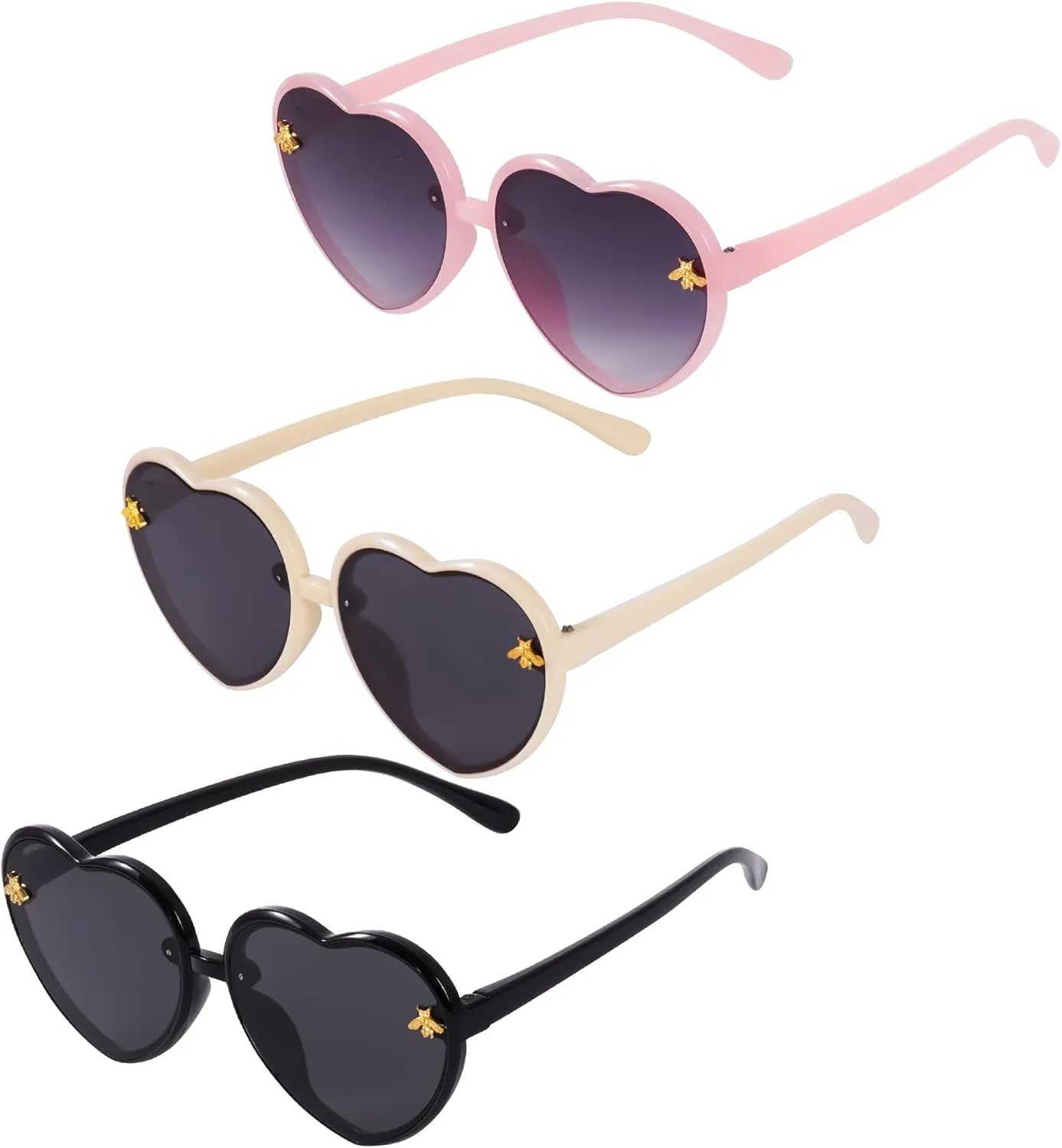 obmwang 3 Pieces Kids Heart Shaped Sunglasses Stylish Cute Bee Sunglasses for Toddler Girls Age 3-10 Outdoor Beach Eyewear