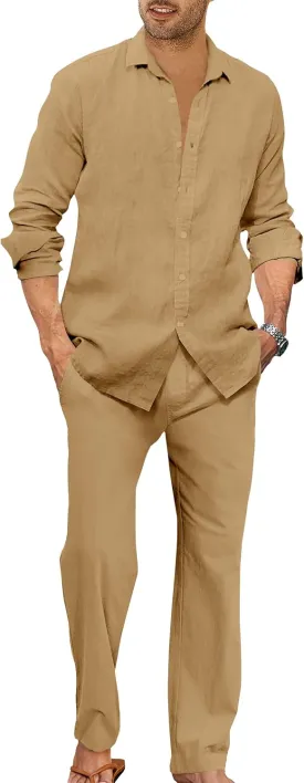 Ryannology Men 2 Piece Linen Set Outfits Drawstring Long Pants Button Down Roll Up Sleeve Shirts Beach Wedding Suit Sets