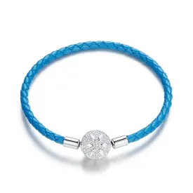 S925 Silver Charm Leather Bracelet, Blue Leather Cord Bracelet