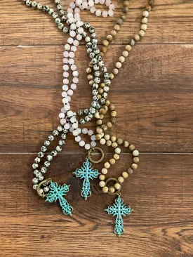 Semi Precious Stone Necklaces with Patina Cross Pendant