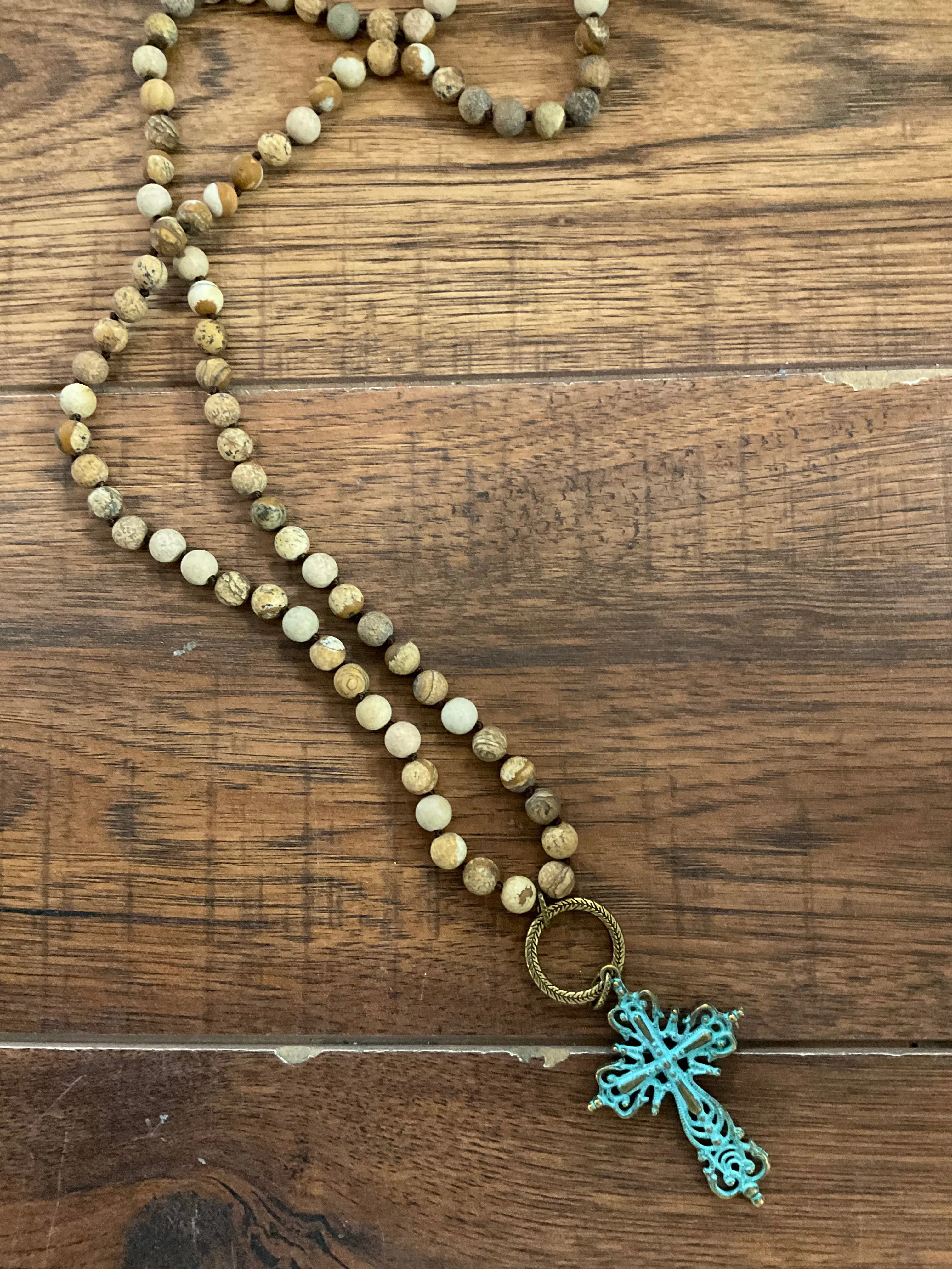 Semi Precious Stone Necklaces with Patina Cross Pendant
