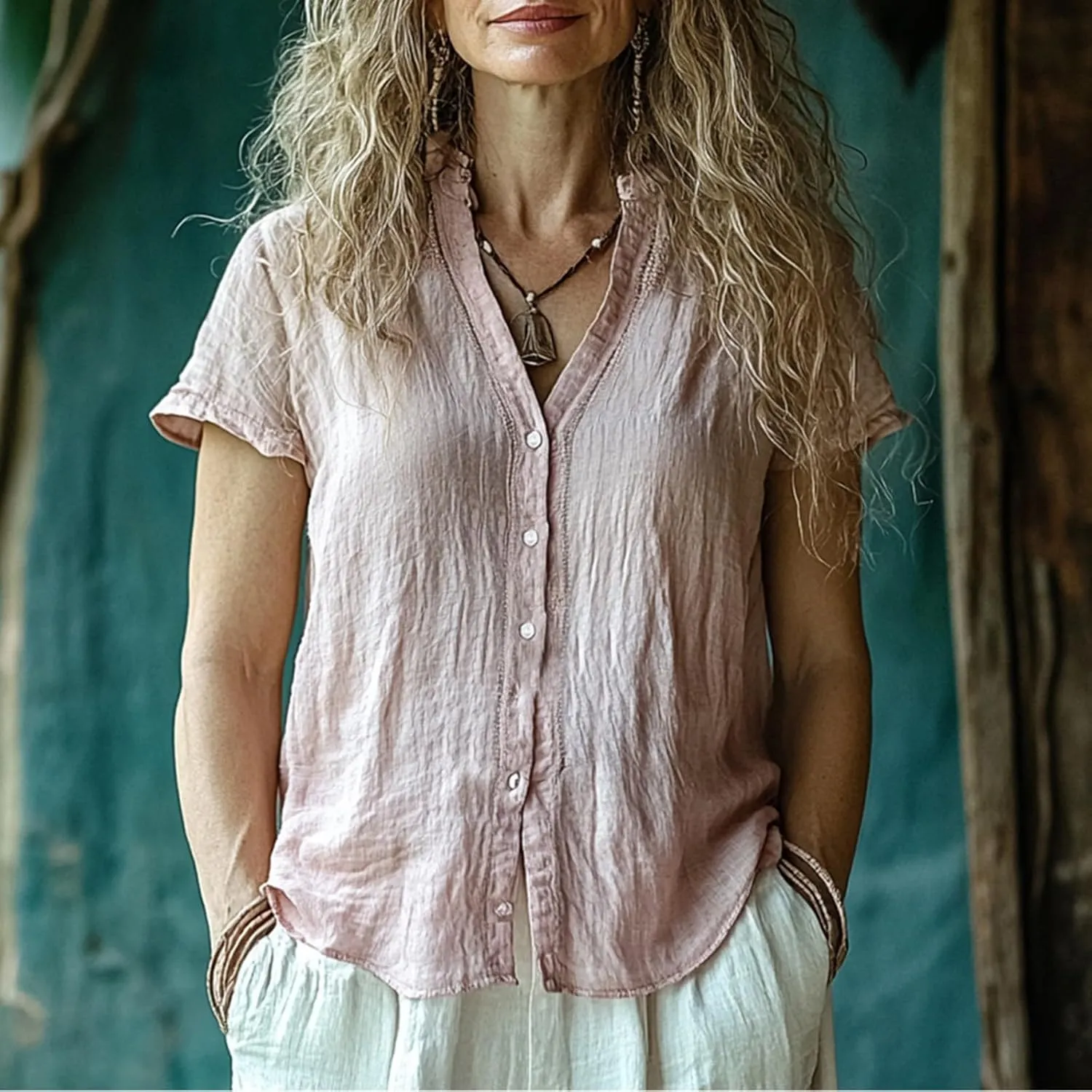 Summer Women Short Sleeve Cotton Linen Tops Trendy Baggy T Shirt V-Neck Button-Down Shirts Casual Breathable Blouse