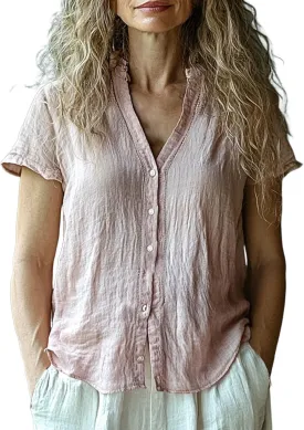 Summer Women Short Sleeve Cotton Linen Tops Trendy Baggy T Shirt V-Neck Button-Down Shirts Casual Breathable Blouse
