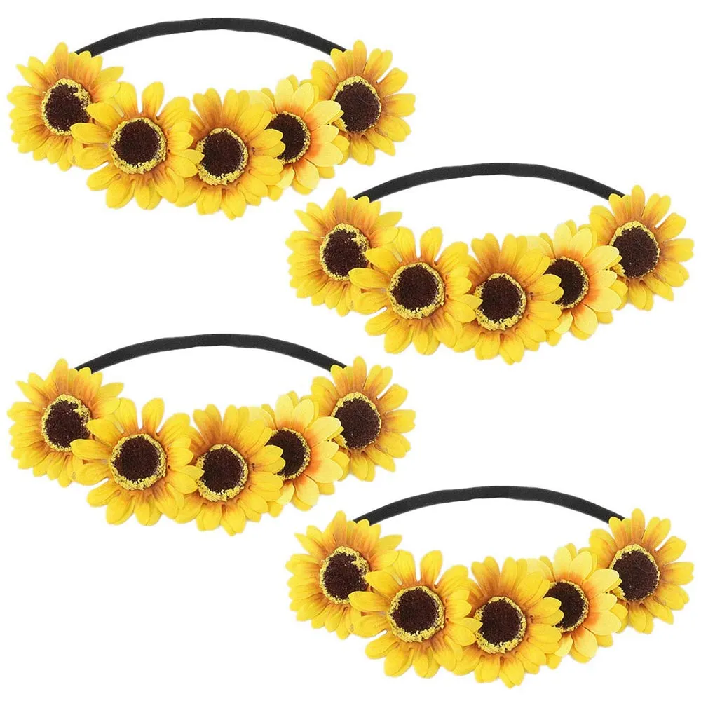 Sunflower Headband Flower Crown Hair Band Floral Headpiece Women Wedding Bridal Hairband Hair Hoop Festival Party Decoration Cosplay Costume Wreath Cute Handmade Hair Accessories Yellow 4 Pack