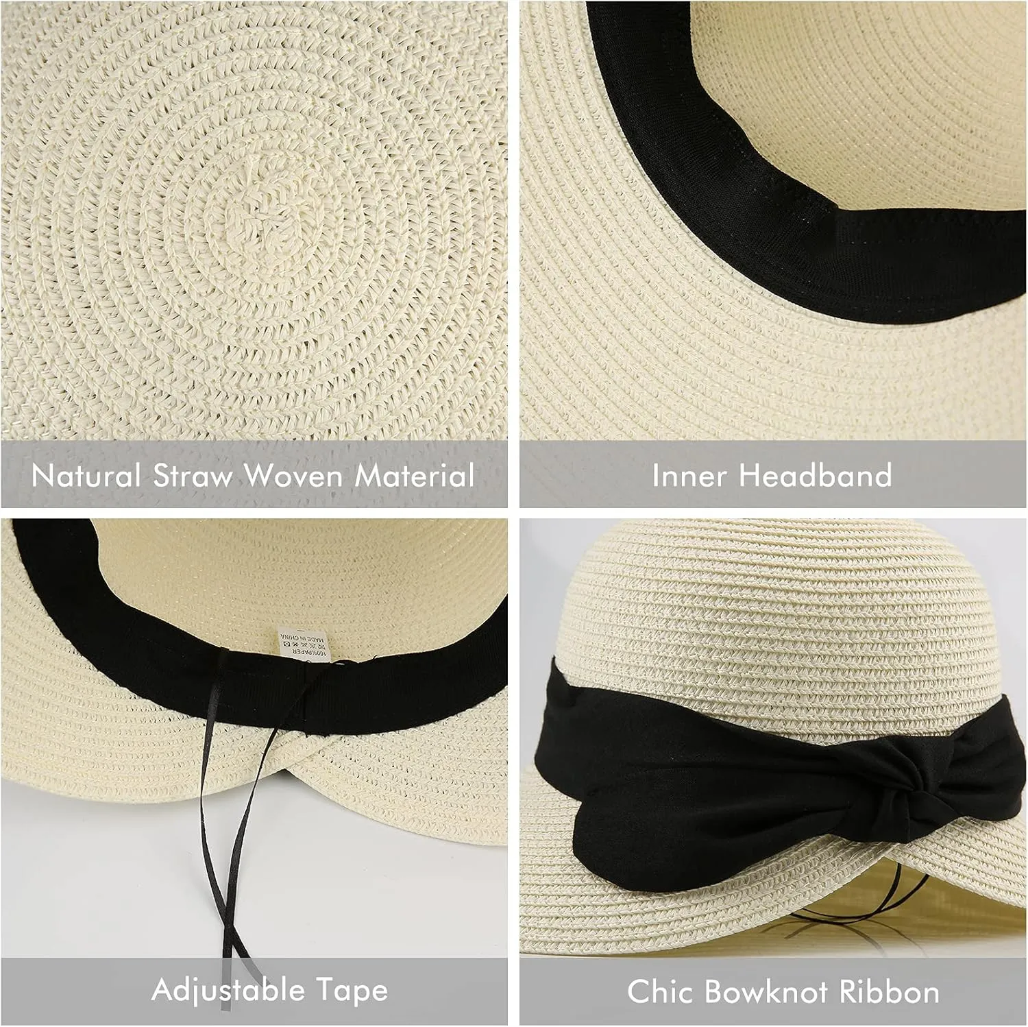 Surblue Womens Straw Sun Hat Wide Brim Foldable Panama Roll up Cap Fedora Beach Sun Hat UPF50