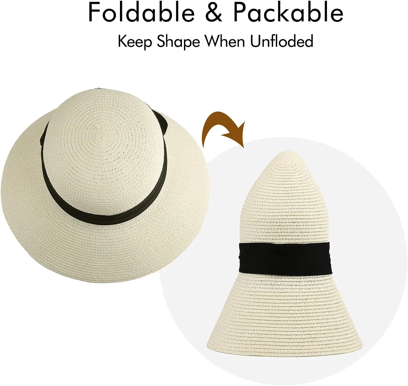 Surblue Womens Straw Sun Hat Wide Brim Foldable Panama Roll up Cap Fedora Beach Sun Hat UPF50
