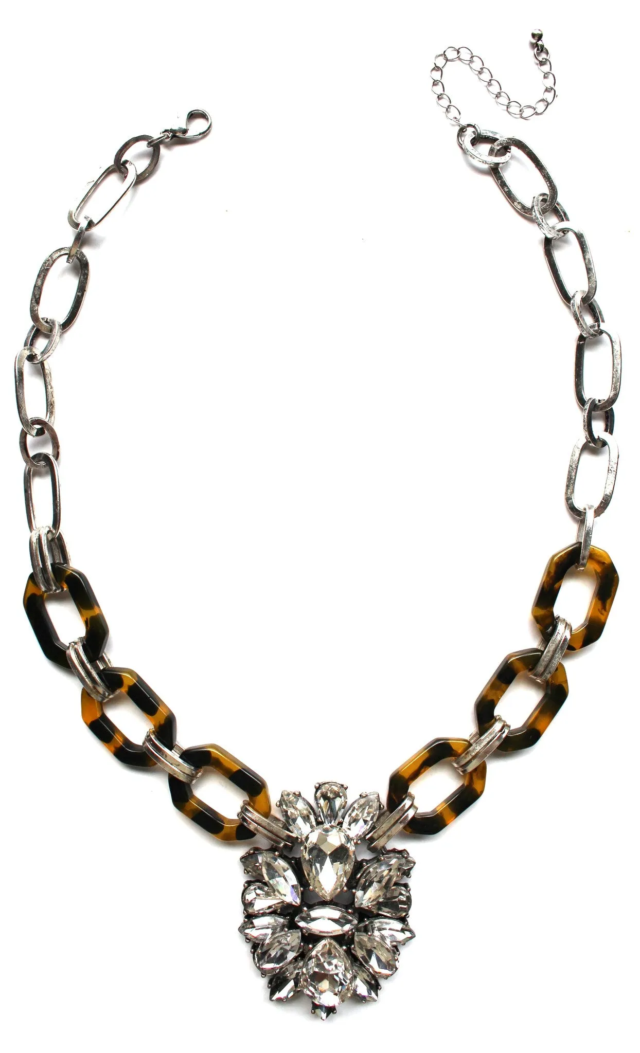 Tortoise & Crystal Pendant Statement Necklace- Silver Chain