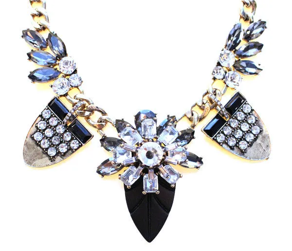 Tribal Glam Statement Necklace- Black & Crystal