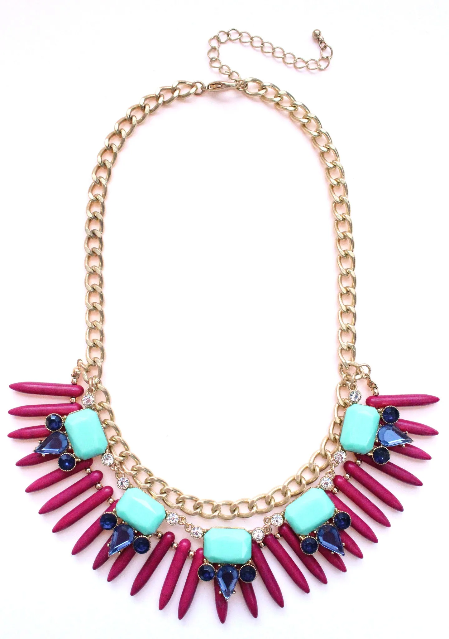 Tribal Spike Jeweled Necklace- Magenta & Mint