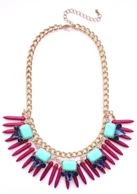 Tribal Spike Jeweled Necklace- Magenta & Mint