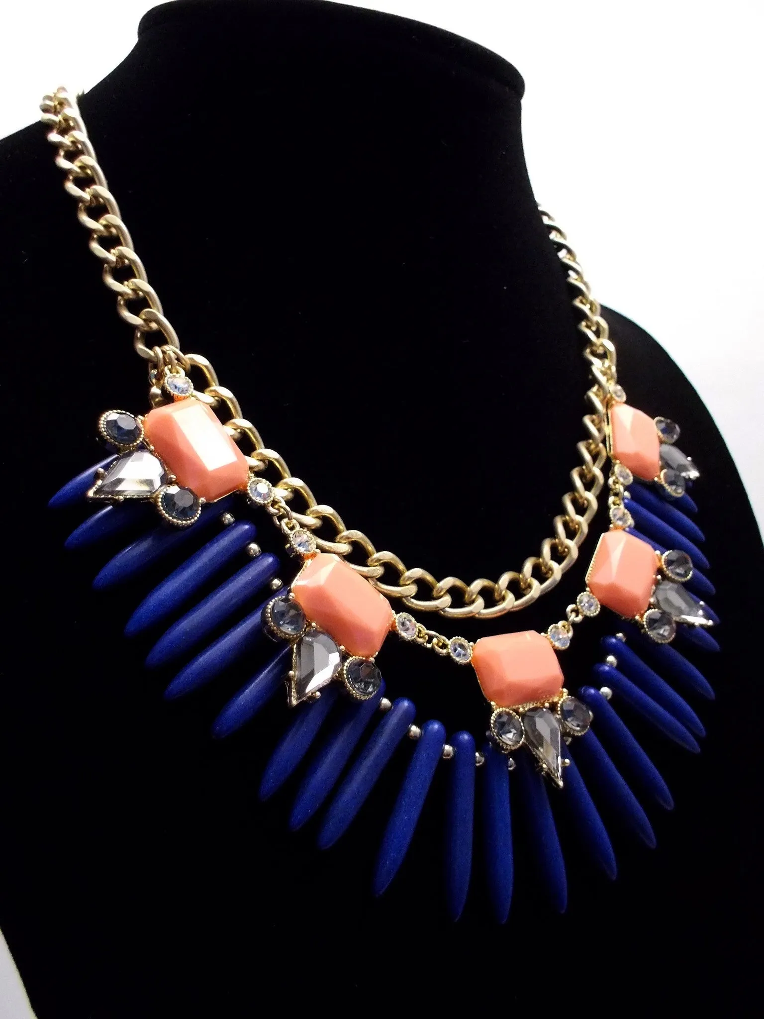Tribal Spike Jeweled Necklace- Navy & Peach