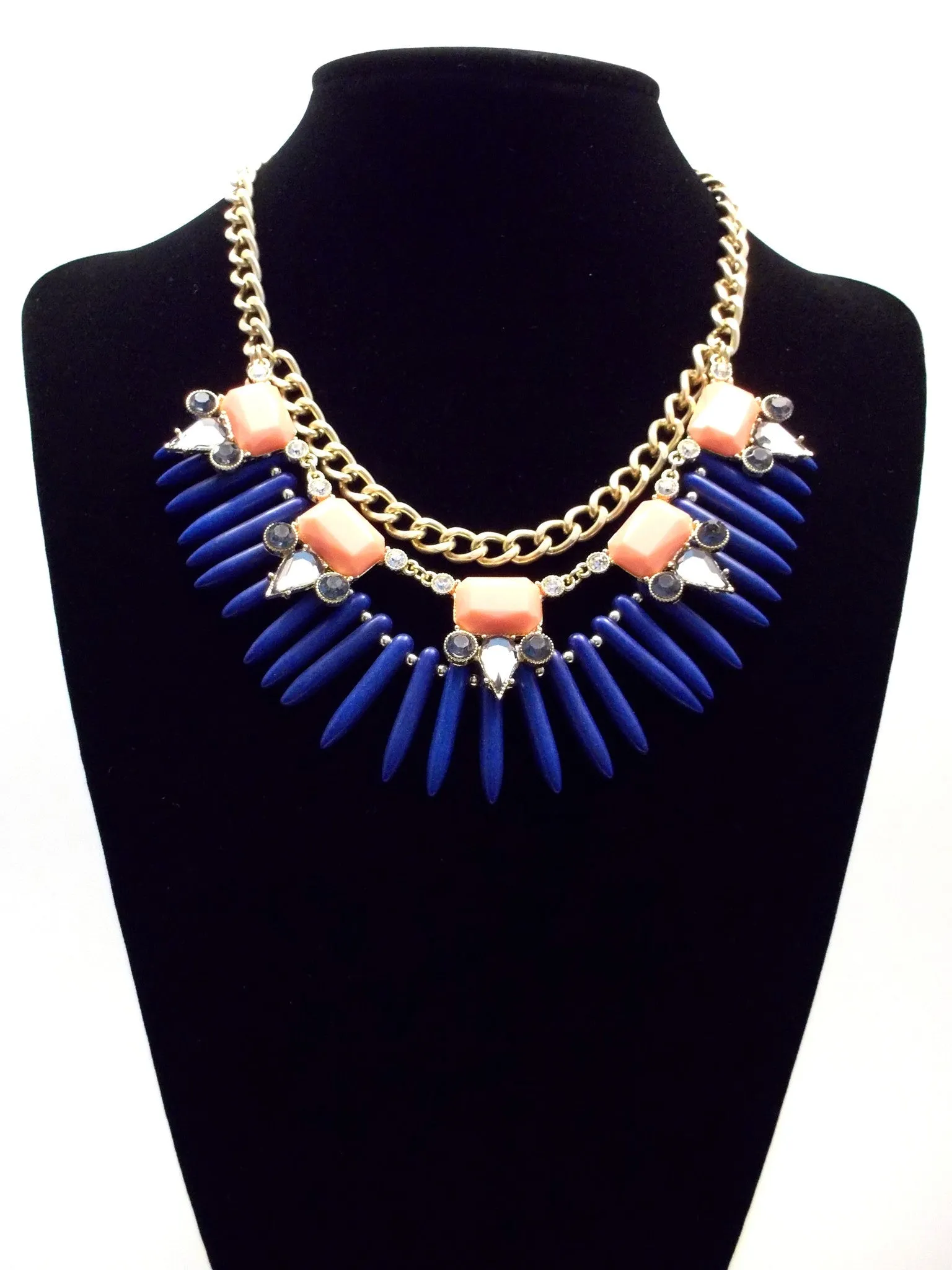 Tribal Spike Jeweled Necklace- Navy & Peach