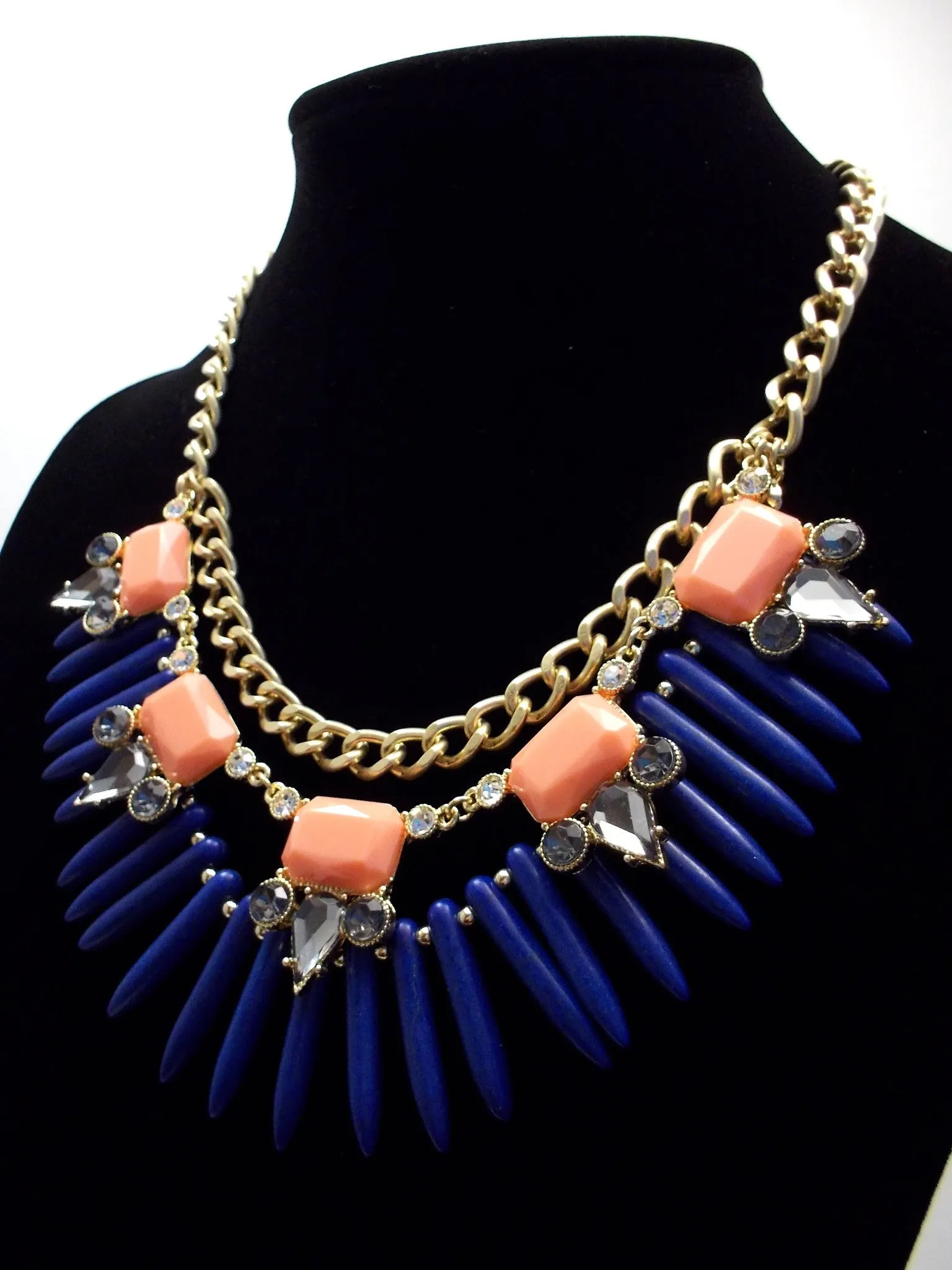Tribal Spike Jeweled Necklace- Navy & Peach