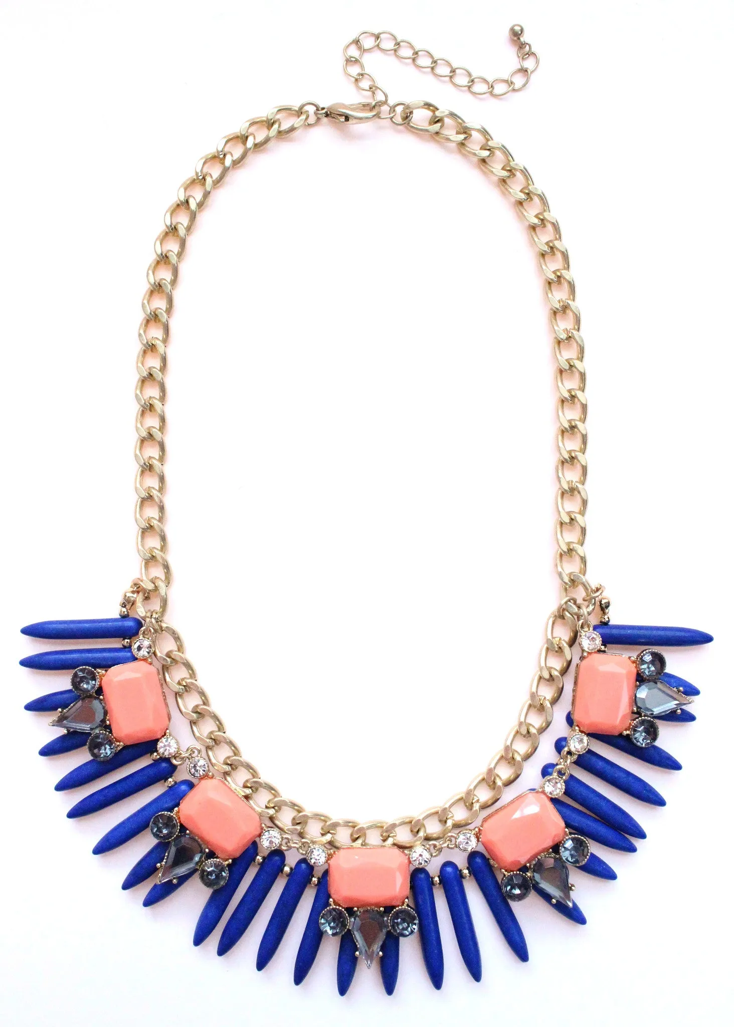 Tribal Spike Jeweled Necklace- Navy & Peach